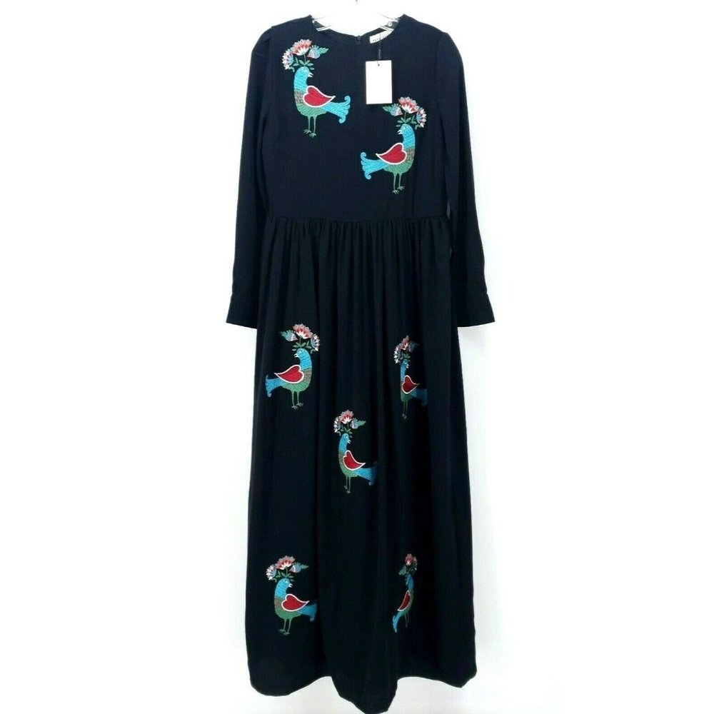 PEPALOVES Birds Embroidered NWT Black Maxi Dress Long-size S